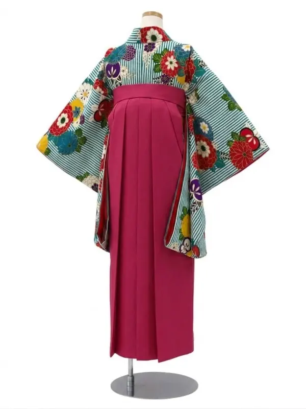 【ママも安心　小卒女児袴かんたん着付け】縞に万寿菊・ターコイズ×ピンク