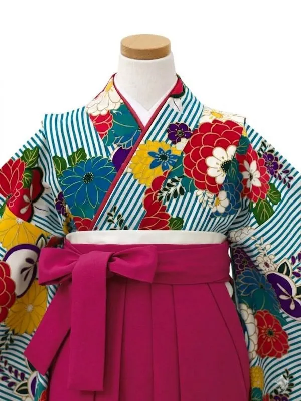 【ママも安心　小卒女児袴かんたん着付け】縞に万寿菊・ターコイズ×ピンク