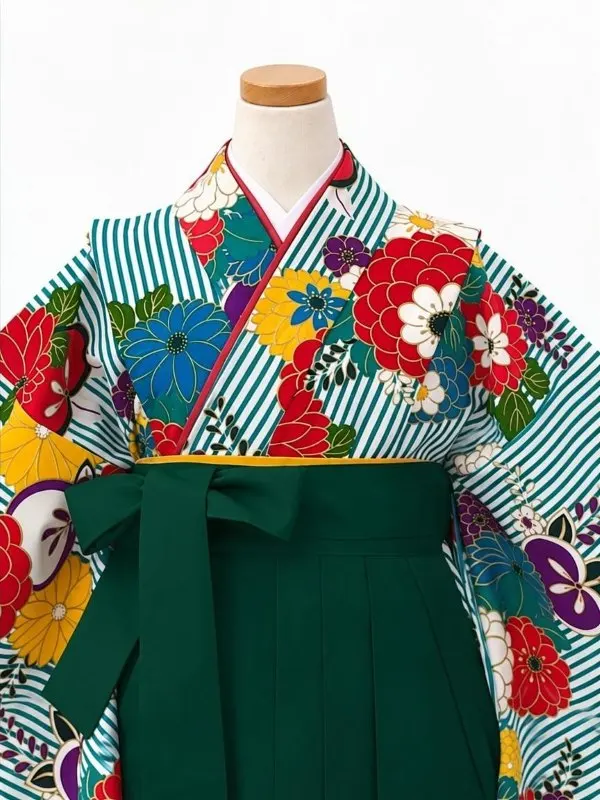 【ママも安心　小卒女児袴かんたん着付け】縞に万寿菊・ターコイズ×緑