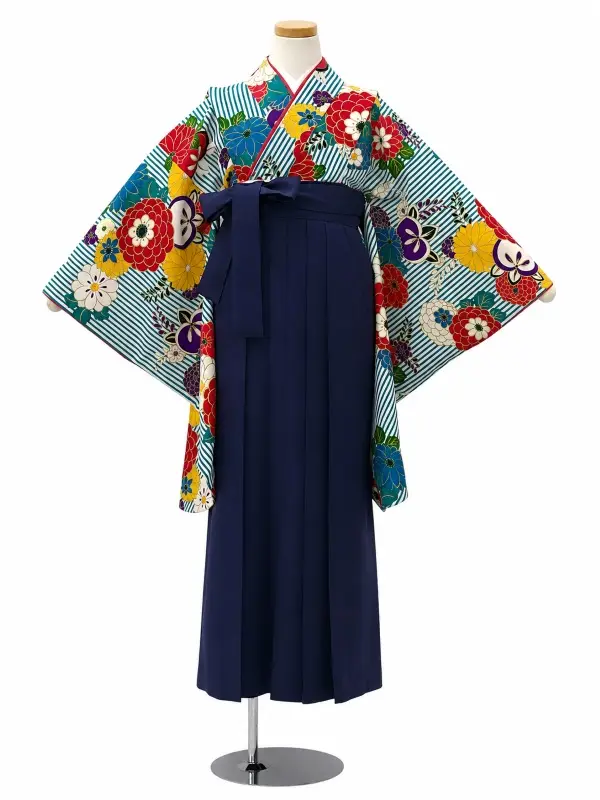 小学生卒業式かんたん袴(女の子)ママも安心　縞に万寿菊・ターコイズ×紺