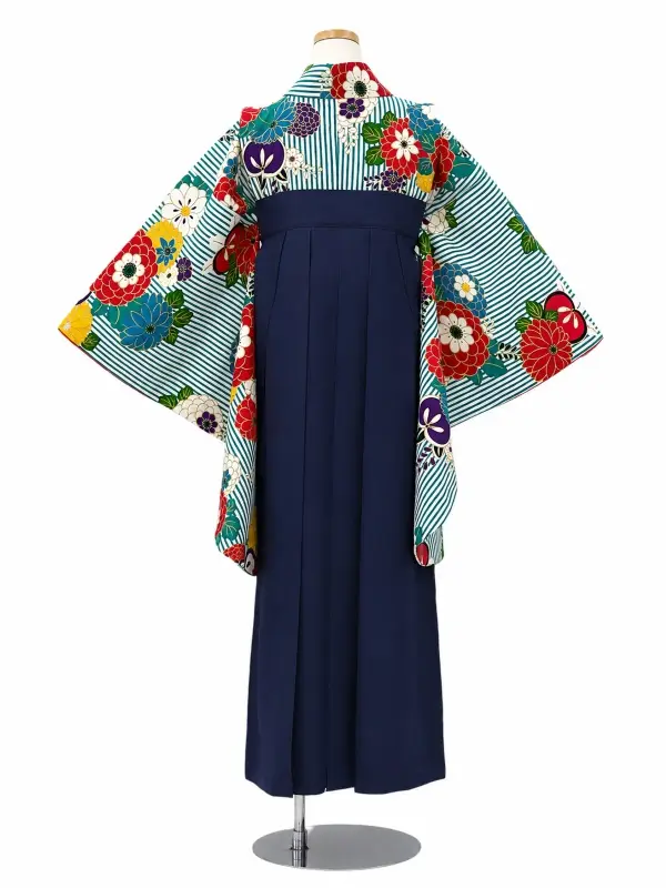 小学生卒業式かんたん袴(女の子)ママも安心　縞に万寿菊・ターコイズ×紺