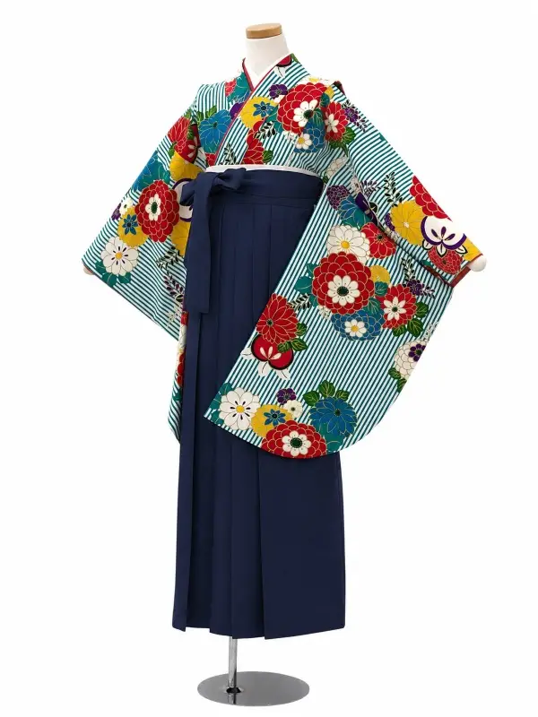 小学生卒業式かんたん袴(女の子)ママも安心　縞に万寿菊・ターコイズ×紺
