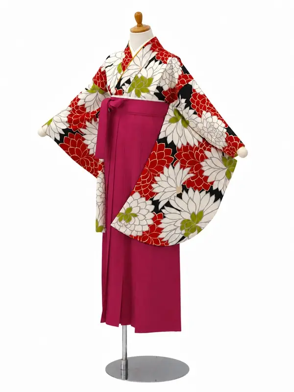 小学生卒業式かんたん袴(女の子)ママも安心　ダリア・黒×ピンク