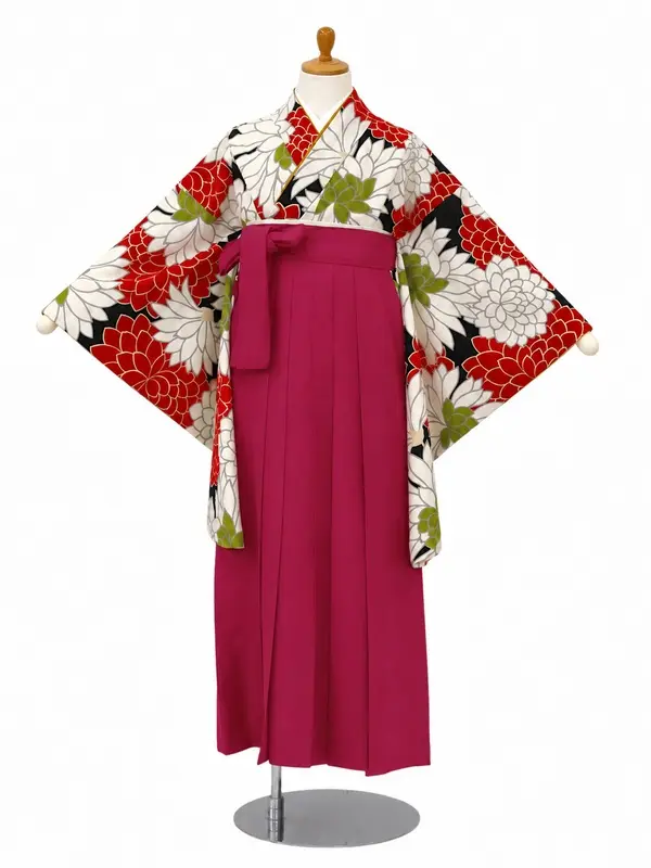 小学生卒業式かんたん袴(女の子)ママも安心　ダリア・黒×ピンク