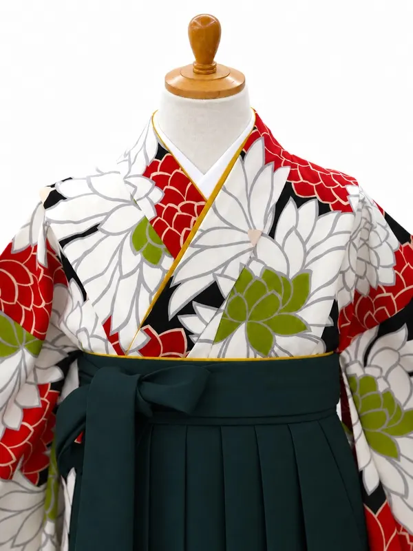 小学生卒業式かんたん袴(女の子)ママも安心　ダリア・黒×緑