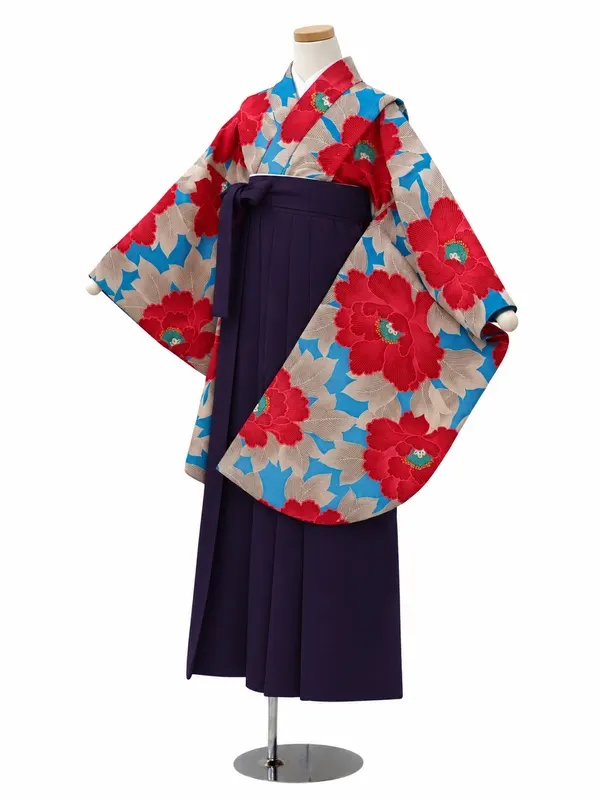 小学生卒業式かんたん袴(女の子)ママも安心　牡丹・ターコイズ×紫