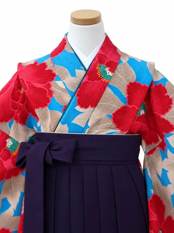 小学生卒業式かんたん袴(女の子)ママも安心　牡丹・ターコイズ×紫