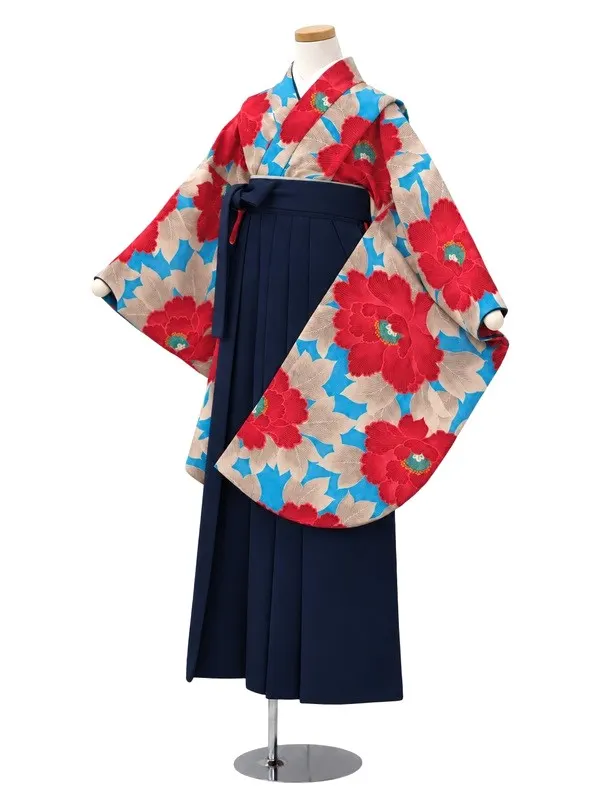 小学生卒業式かんたん袴(女の子)ママも安心　牡丹・ターコイズ×紺