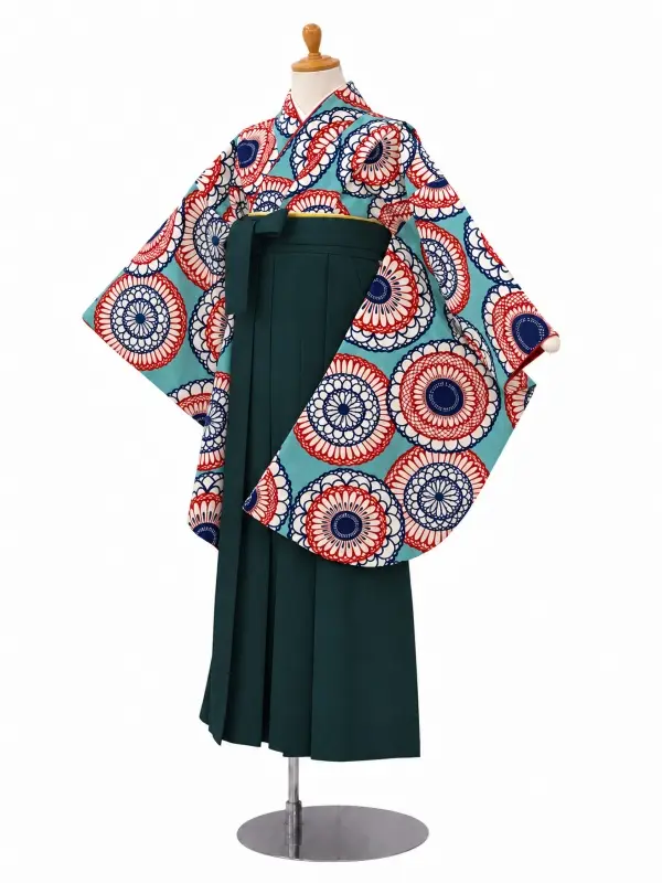 小学生卒業式かんたん袴(女の子)ママも安心　レース菊・水色×緑