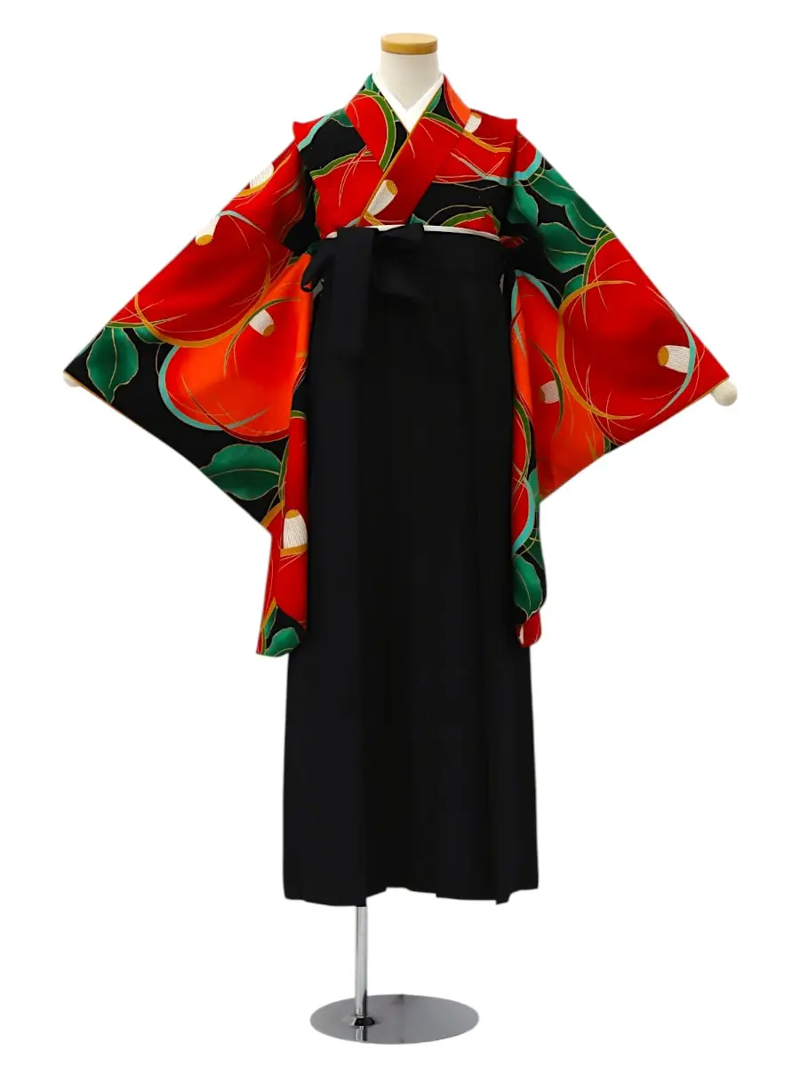 【ママも安心　小卒女児袴かんたん着付け】大輪椿・黒×黒