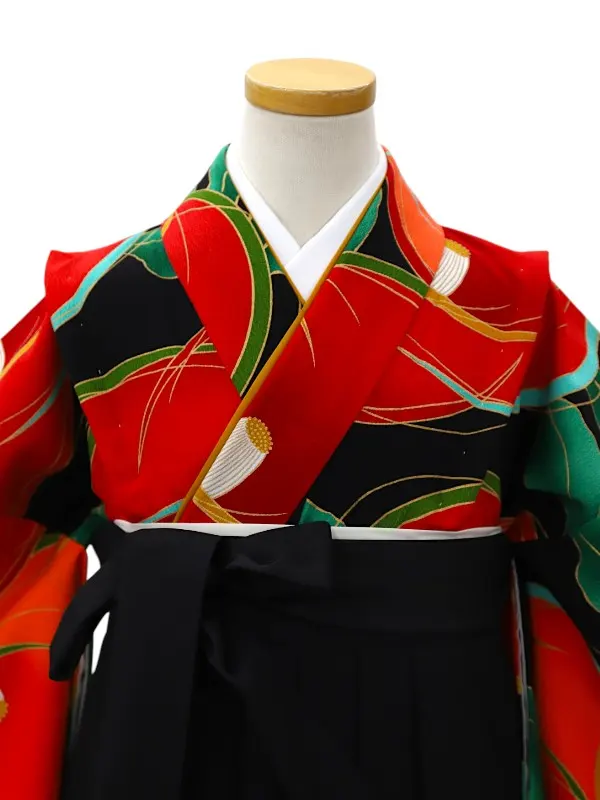 【ママも安心　小卒女児袴かんたん着付け】大輪椿・黒×黒
