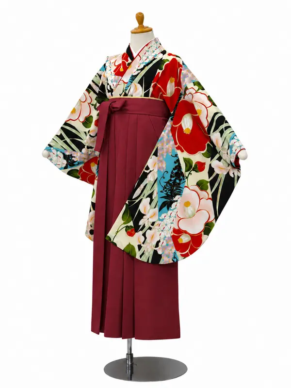 小学生卒業式かんたん袴(女の子)ママも安心　花きりばみ・黒×えんじ
