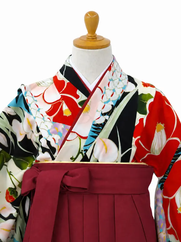 小学生卒業式かんたん袴(女の子)ママも安心　花きりばみ・黒×えんじ
