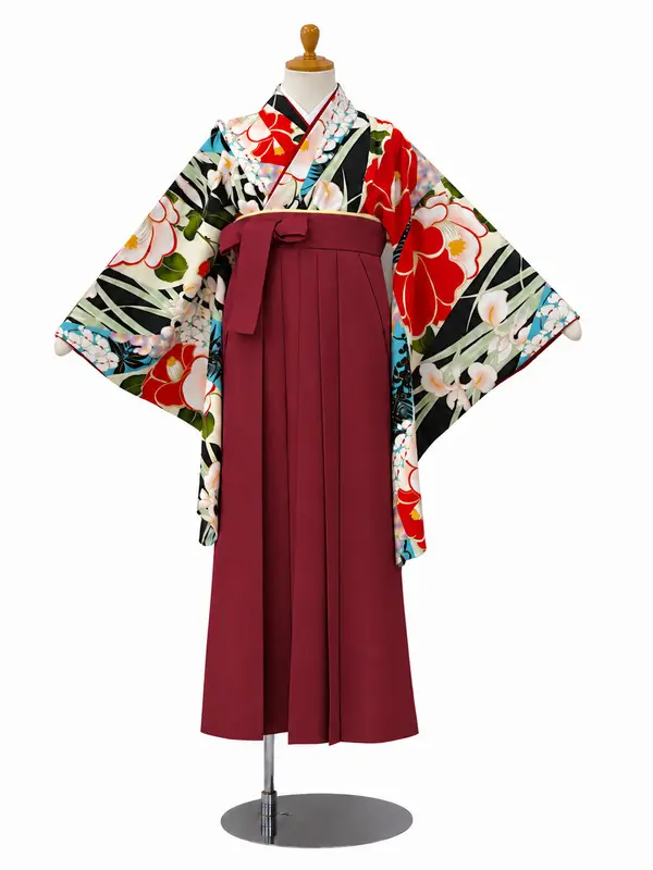 小学生卒業式かんたん袴(女の子)ママも安心　花きりばみ・黒×えんじ