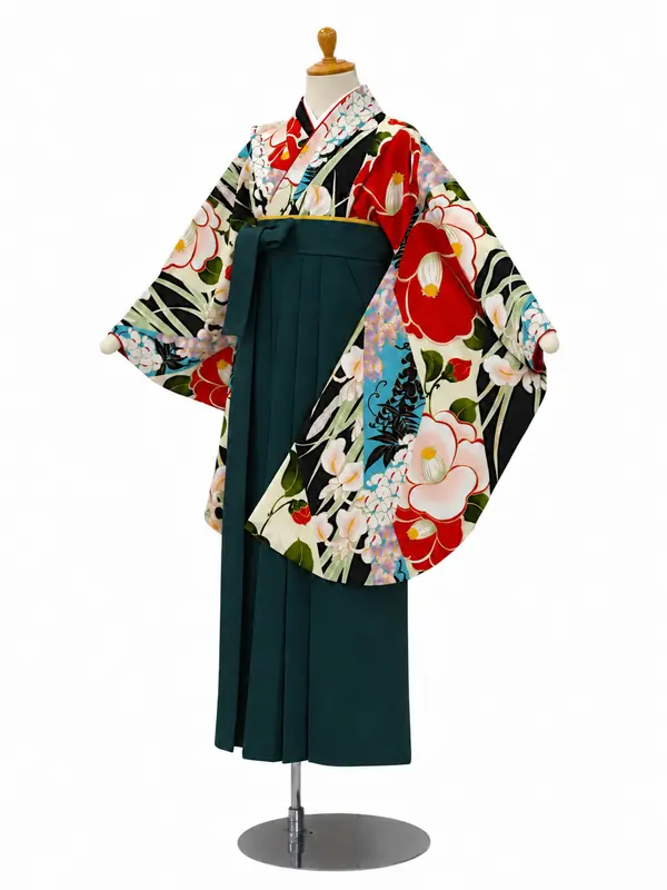 小学生卒業式かんたん袴(女の子)ママも安心　花きりばみ・黒×緑