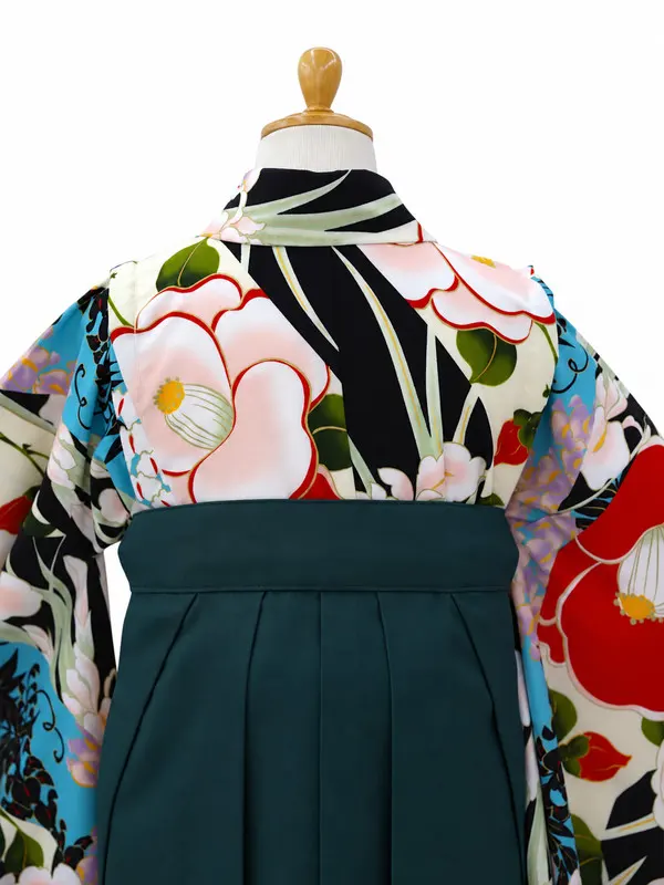 小学生卒業式かんたん袴(女の子)ママも安心　花きりばみ・黒×緑