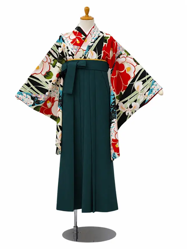 小学生卒業式かんたん袴(女の子)ママも安心　花きりばみ・黒×緑