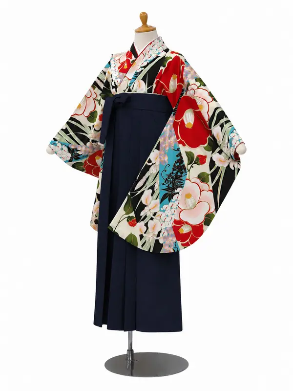 小学生卒業式かんたん袴(女の子)ママも安心　花きりばみ・黒×紺