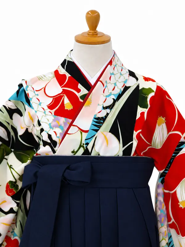 小学生卒業式かんたん袴(女の子)ママも安心　花きりばみ・黒×紺