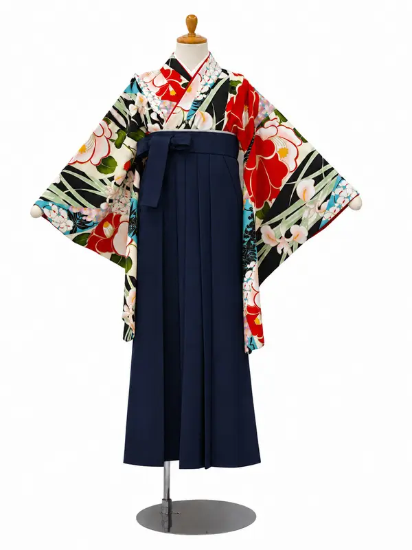 小学生卒業式かんたん袴(女の子)ママも安心　花きりばみ・黒×紺