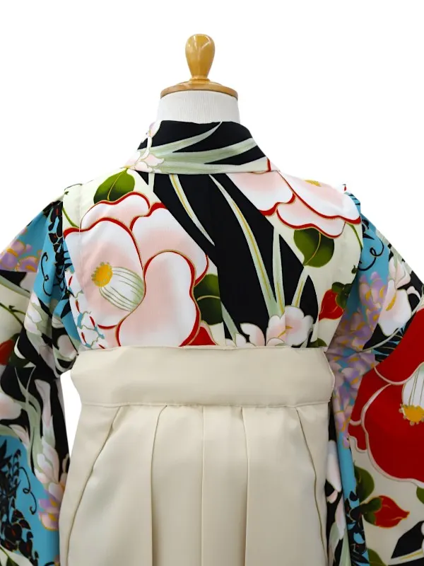 【ママも安心　小卒女児袴かんたん着付け】花きりばみ・黒×オフホワイト