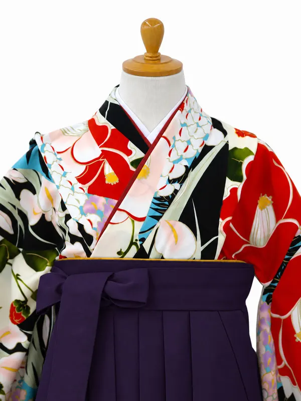 小学生卒業式かんたん袴(女の子)ママも安心　花きりばみ・黒×紫