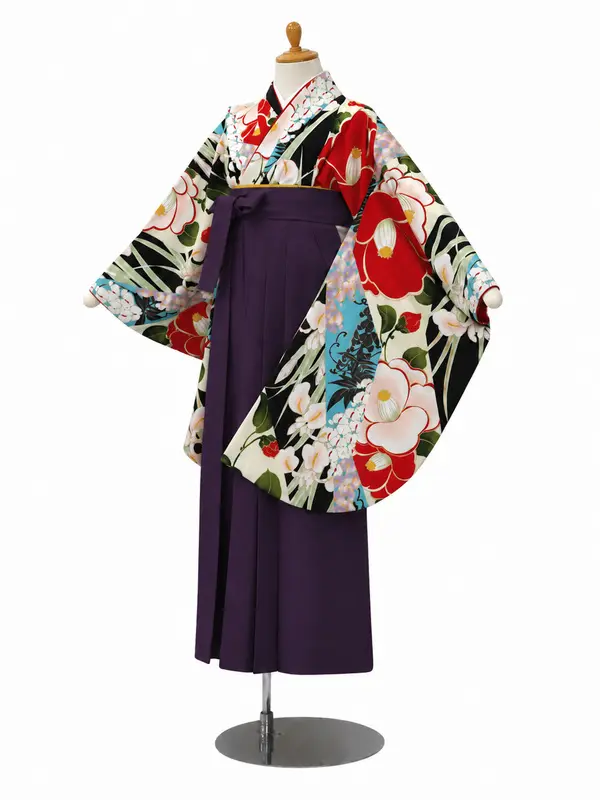小学生卒業式かんたん袴(女の子)ママも安心　花きりばみ・黒×紫
