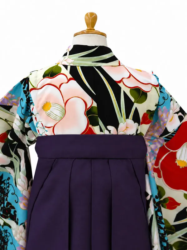 小学生卒業式かんたん袴(女の子)ママも安心　花きりばみ・黒×紫