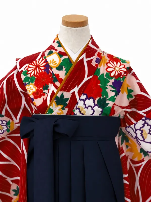 小学生卒業式かんたん袴(女の子)ママも安心　四季牡丹・赤×紺