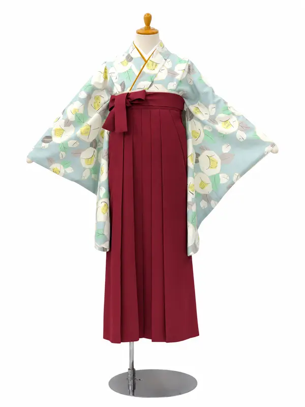 小学生卒業式かんたん袴(女の子)ママも安心　りんご椿・水色×えんじ