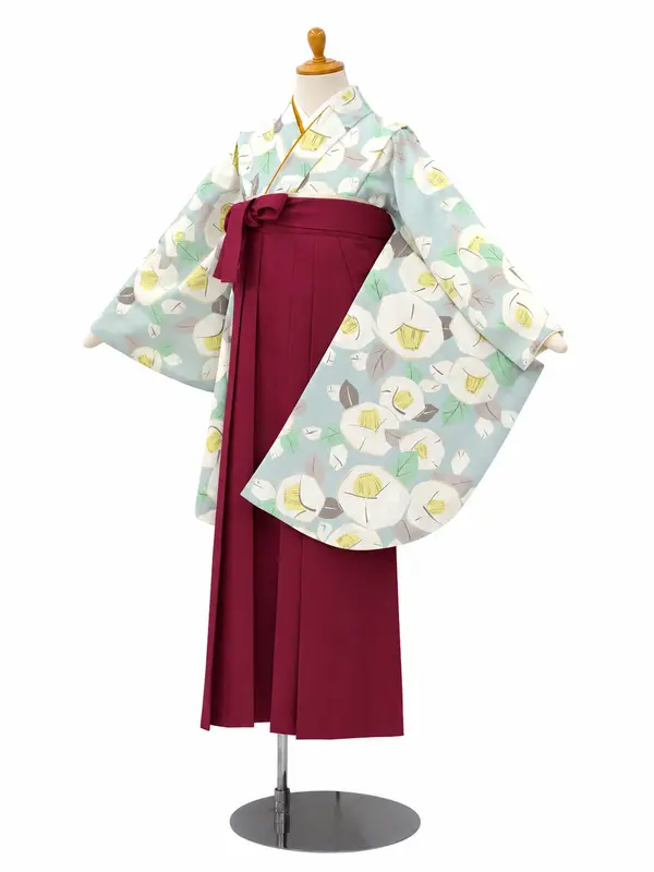小学生卒業式かんたん袴(女の子)ママも安心　りんご椿・水色×えんじ