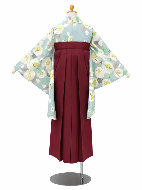 小学生卒業式かんたん袴(女の子)ママも安心　りんご椿・水色×えんじ