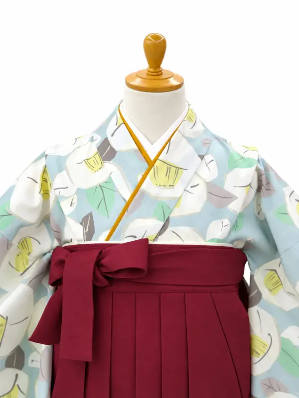 小学生卒業式かんたん袴(女の子)ママも安心　りんご椿・水色×えんじ