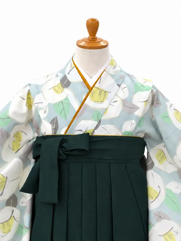 小学生卒業式かんたん袴(女の子)ママも安心　りんご椿・水色×緑