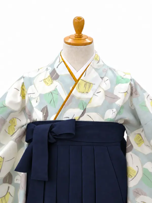 小学生卒業式かんたん袴(女の子)ママも安心　りんご椿・水色×紺