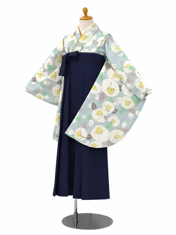 小学生卒業式かんたん袴(女の子)ママも安心　りんご椿・水色×紺