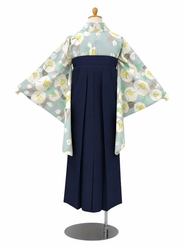 小学生卒業式かんたん袴(女の子)ママも安心　りんご椿・水色×紺