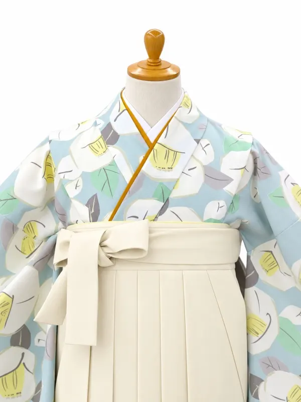 小学生卒業式かんたん袴(女の子)ママも安心　りんご椿・水色×オフホワイト