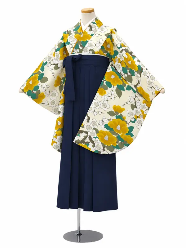 小学生卒業式かんたん袴(女の子)ママも安心　梅椿・カラシ×紺