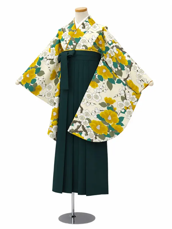 小学生卒業式かんたん袴(女の子)ママも安心　梅椿・カラシ×緑