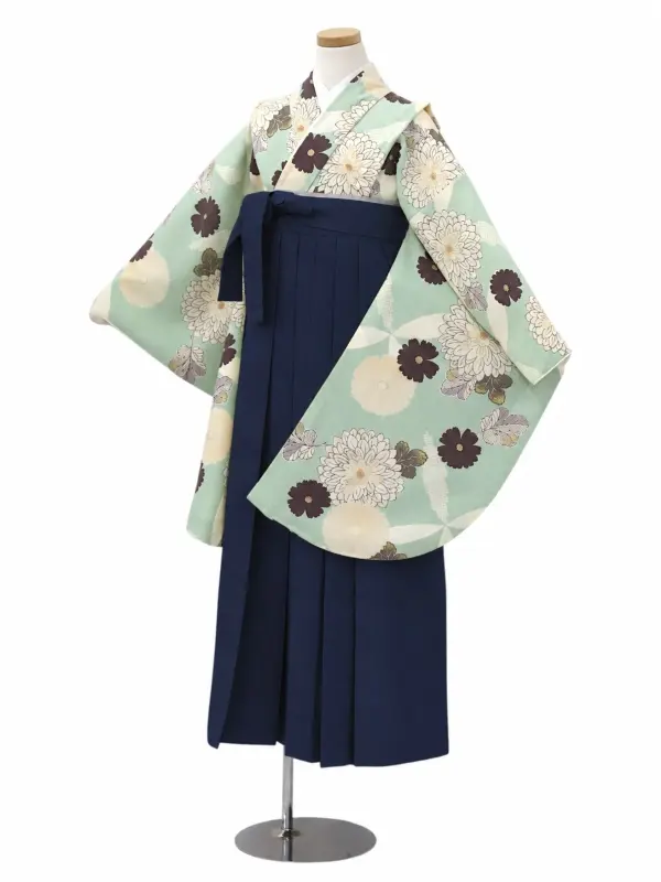 小学生卒業式かんたん袴(女の子)ママも安心　七宝に万寿菊・ミント×紺