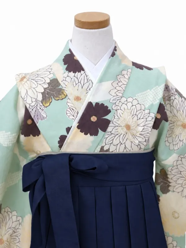 小学生卒業式かんたん袴(女の子)ママも安心　七宝に万寿菊・ミント×紺