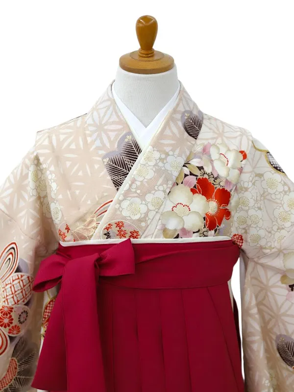 小学生卒業式かんたん袴(女の子)ママも安心　松に花丸紋・ベージュ×ピンク