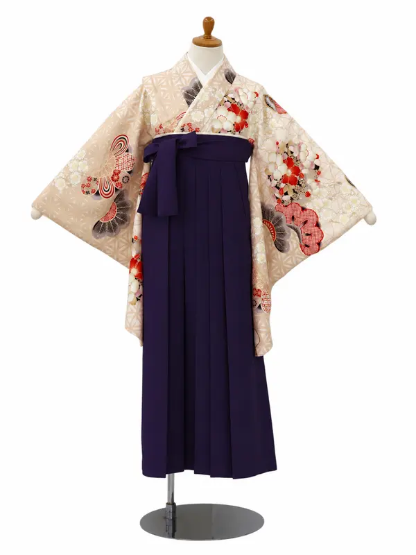小学生卒業式かんたん袴(女の子)ママも安心　松に花丸紋・ベージュ×紫