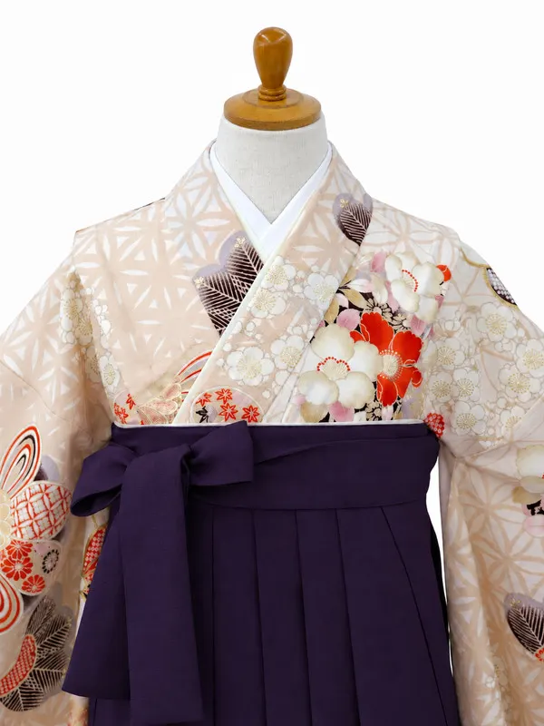小学生卒業式かんたん袴(女の子)ママも安心　松に花丸紋・ベージュ×紫