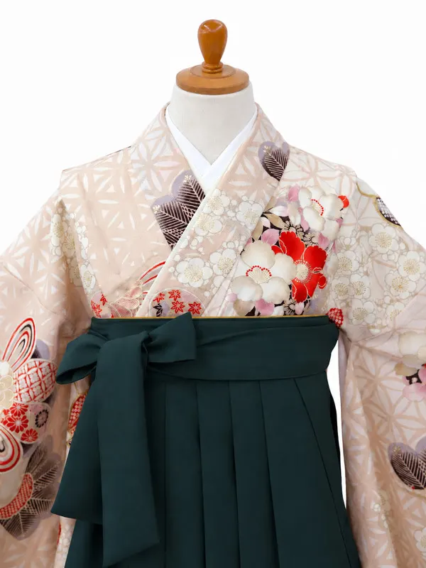 小学生卒業式かんたん袴(女の子)ママも安心　松に花丸紋・ベージュ×緑