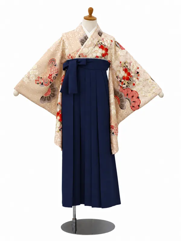 小学生卒業式かんたん袴(女の子)ママも安心　松に花丸紋・ベージュ×紺