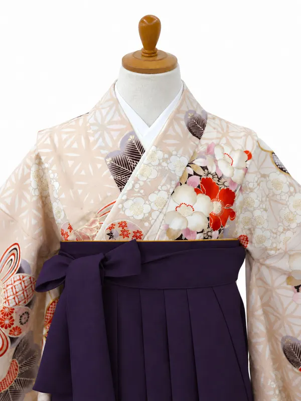 小学生卒業式かんたん袴(女の子)ママも安心　松に花丸紋・ベージュ×紫