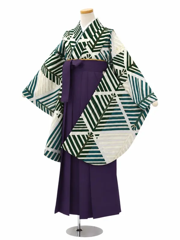 小学生卒業式かんたん袴(女の子)ママも安心　松葉・緑×紫