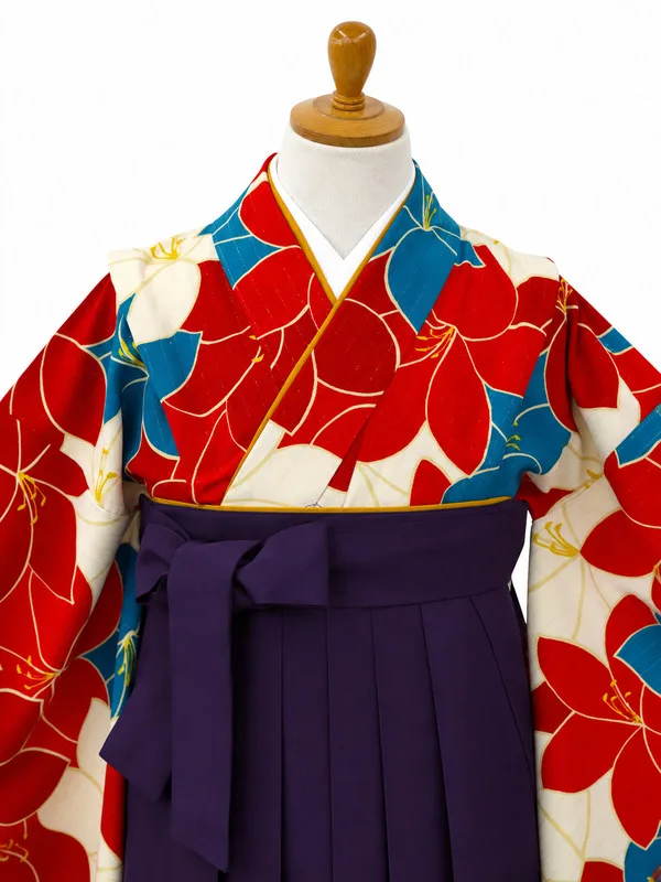 小学生卒業式かんたん袴(女の子)ママも安心　桔梗づくし・赤×紫